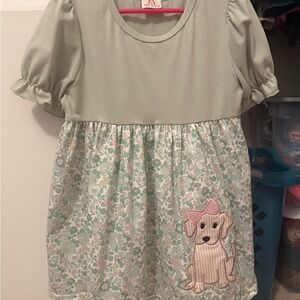 Mint Green Floral Kids Dress with Puppy Design